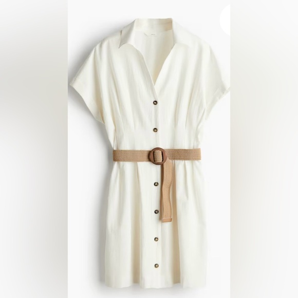 NWT H&M White Linen Mini Dress with Tan Belt Size XL - Picture 1 of 13